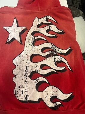 Men's Red Crewneck Sweater with Graphic Flame Face